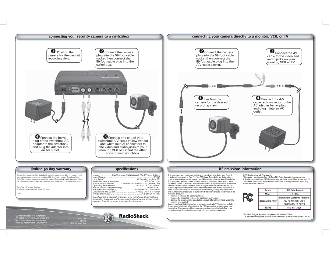 Radio Shack manual FCC Declaration of Conformity, Product DIY Color Camera Model 49-1356, Responsible Party, Phone 