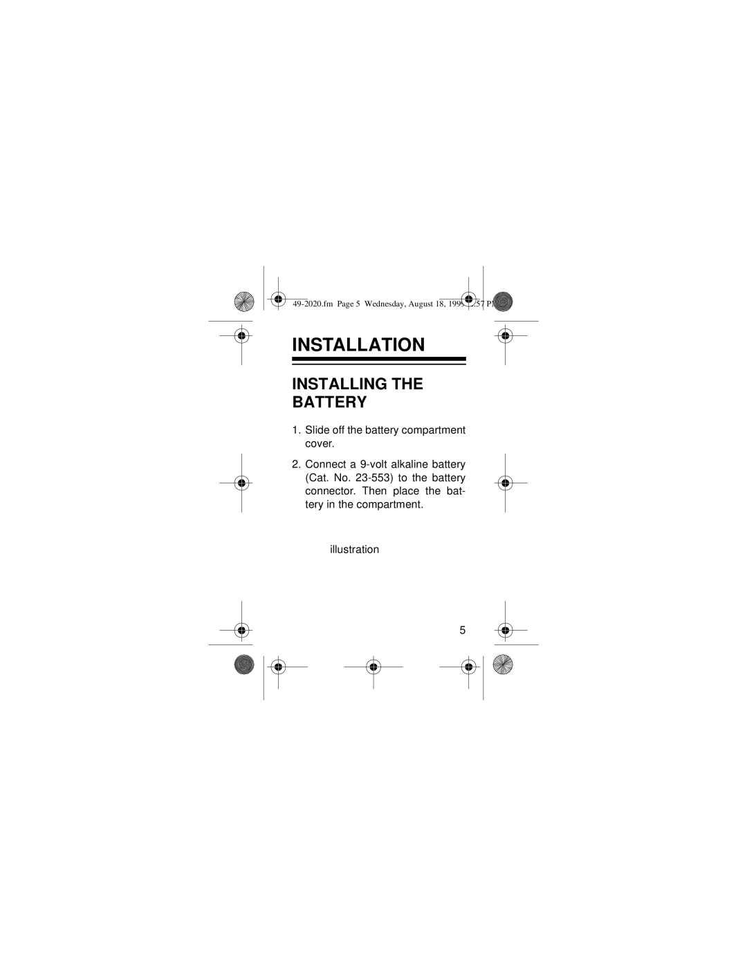 Radio Shack 49-2020, 49-2011, 49-2010 owner manual Installation, Installing Battery 