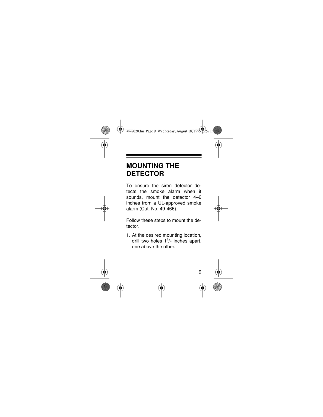 Radio Shack 49-2011, 49-2010, 49-2020 owner manual Mounting Detector 