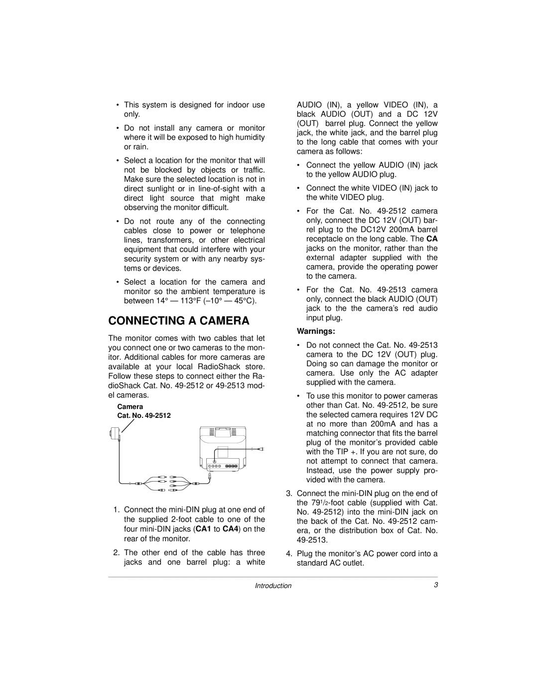 Radio Shack 49-2513, 49-2512 owner manual Connecting a Camera 