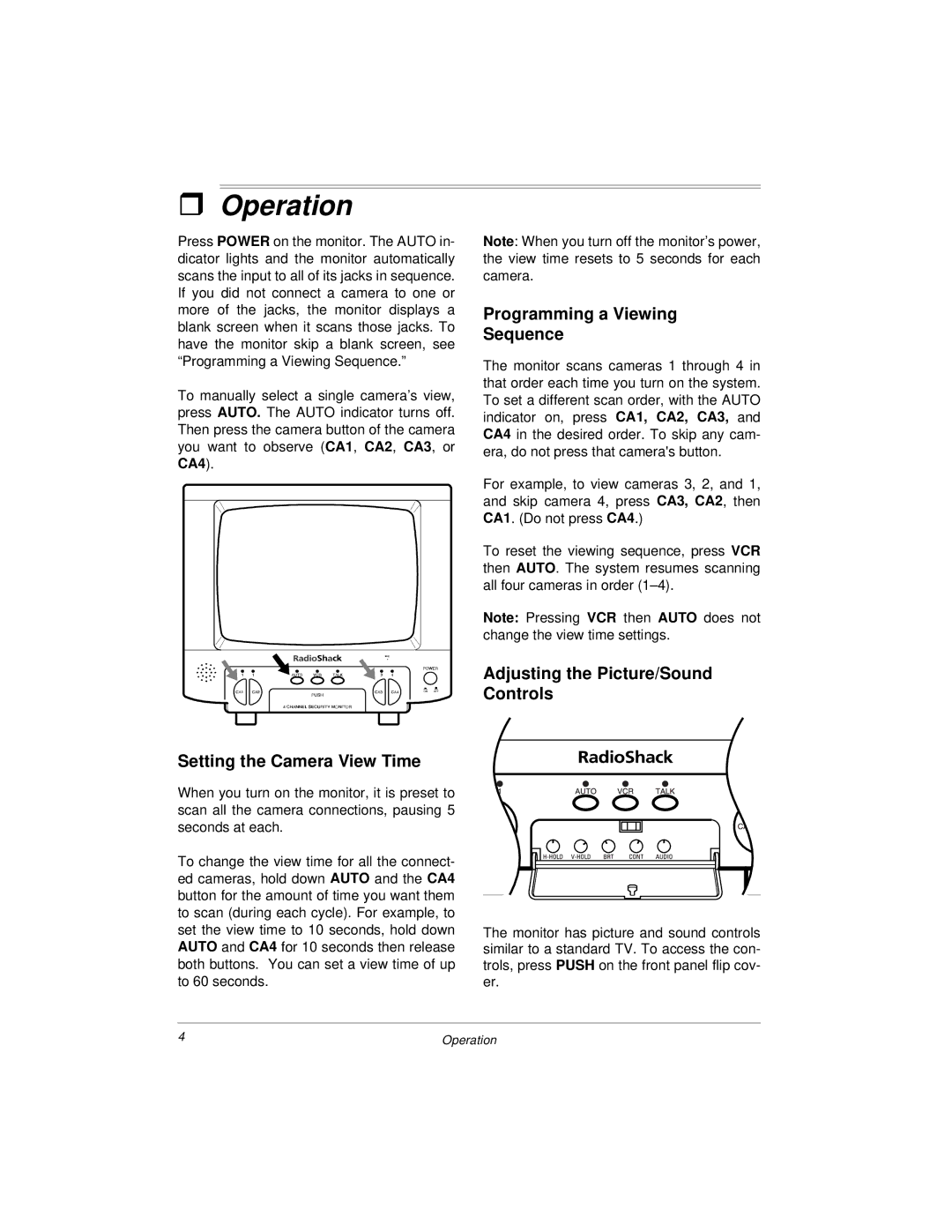 Radio Shack 49-2512, 49-2513 owner manual Operation, Setting the Camera View Time, Programming a Viewing Sequence 