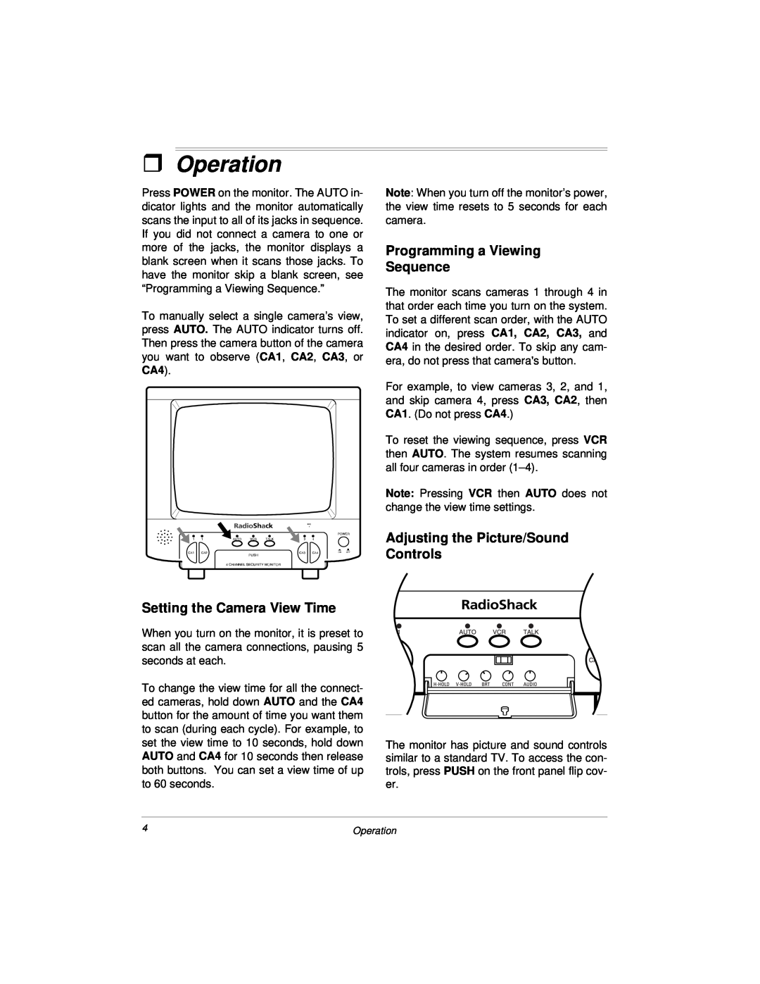 Radio Shack 49-2512, 49-2513 owner manual ˆOperation, Setting the Camera View Time, Programming a Viewing Sequence 