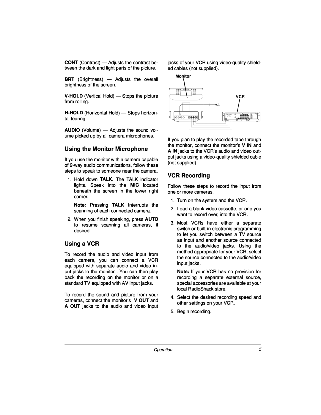 Radio Shack 49-2513, 49-2512 owner manual Using the Monitor Microphone, Using a VCR, VCR Recording 