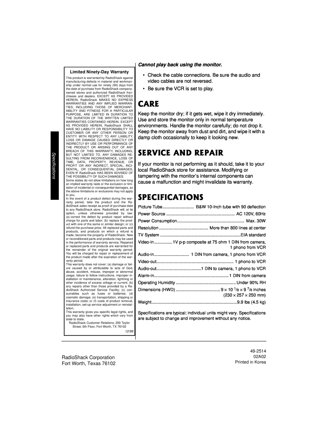 Radio Shack 49-2514 owner manual 548+%#0&42#+4, 52%++%#6+105, Cannot play back using the monitor, Specifications 