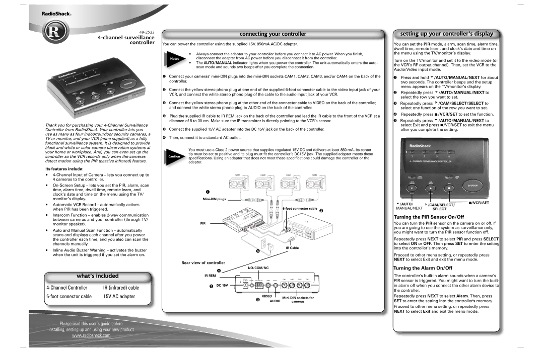 Radio Shack 49-2533 specifications Turning the PIR Sensor On/Off, Turning the Alarm On/Off, Its features include 