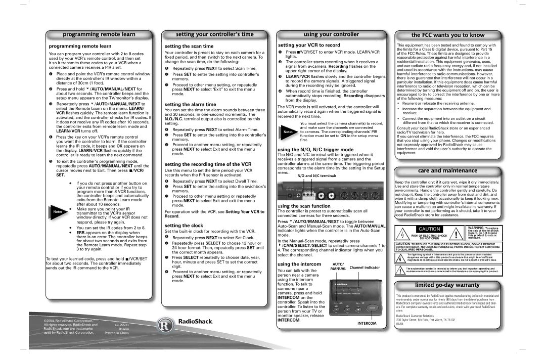 Radio Shack 49-2533 Programming remote learn, Setting the scan time, Setting the alarm time, Setting the clock 