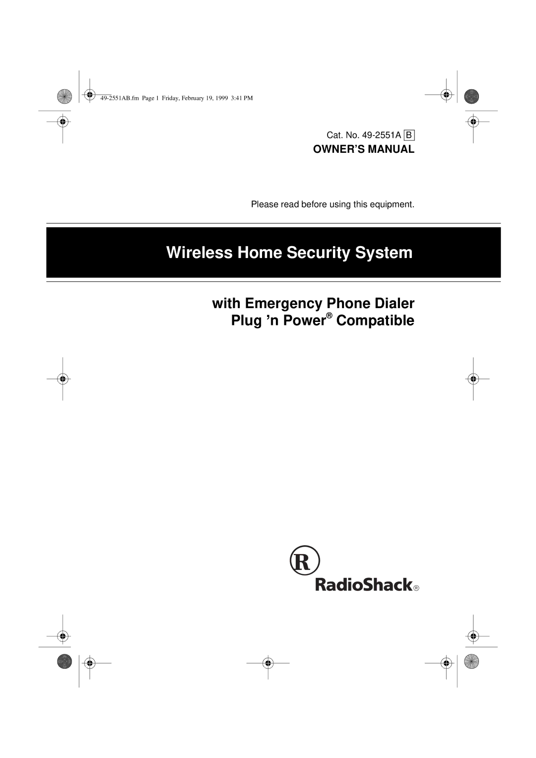 Radio Shack 49-2551A owner manual Wireless Home Security System 