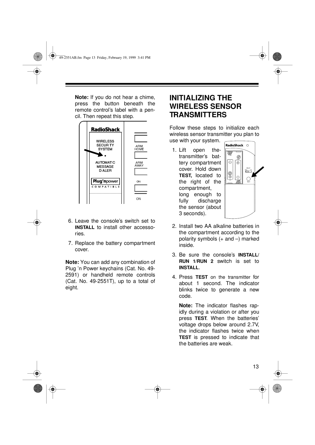 Radio Shack 49-2551A owner manual Initializing the Wireless Sensor Transmitters 