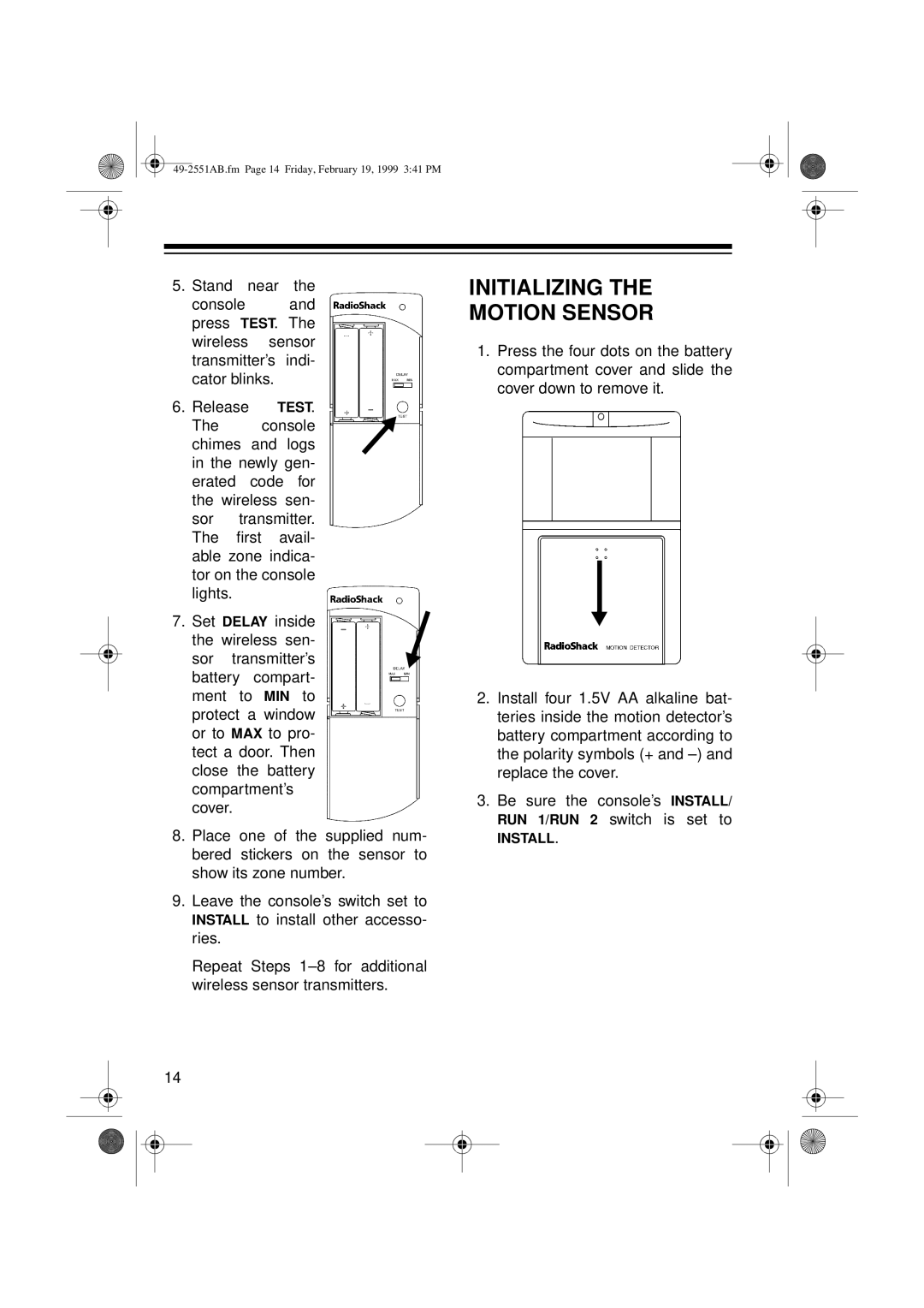 Radio Shack 49-2551A owner manual Initializing Motion Sensor 