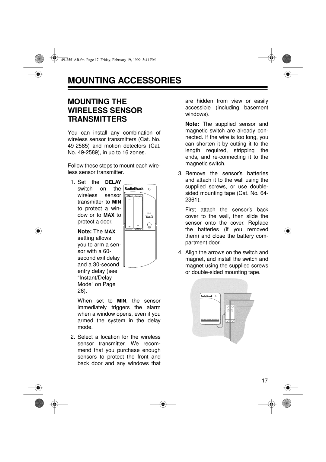 Radio Shack 49-2551A owner manual Mounting Accessories, Mounting the Wireless Sensor Transmitters 