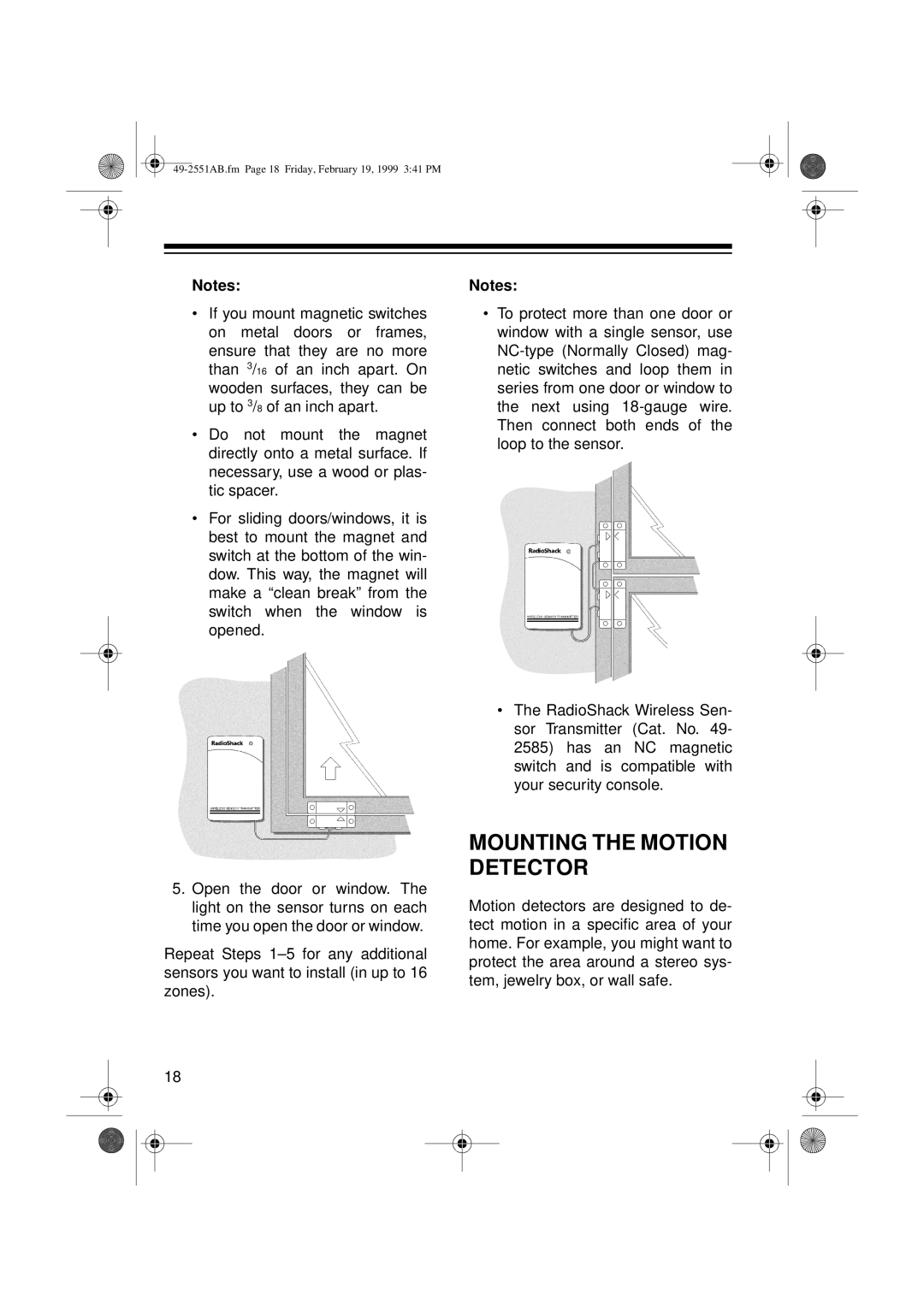 Radio Shack 49-2551A owner manual Mounting the Motion Detector 