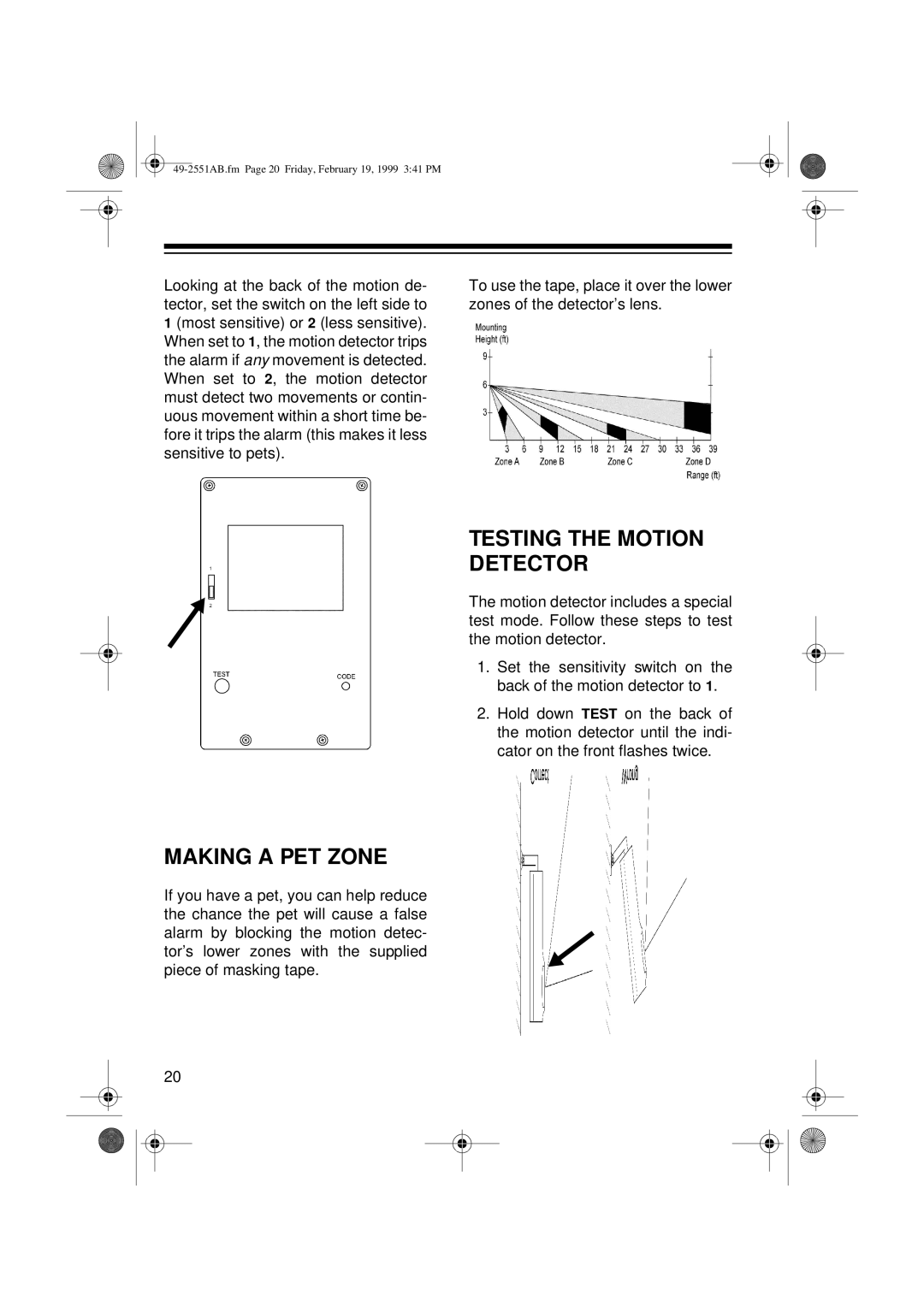 Radio Shack 49-2551A owner manual Testing the Motion Detector, Making a PET Zone 