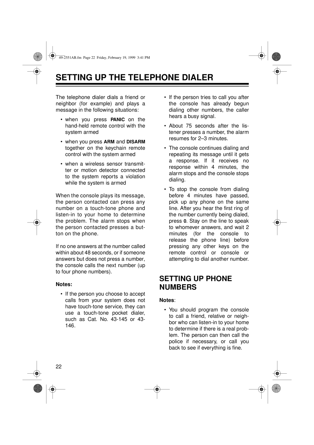 Radio Shack 49-2551A owner manual Setting UP the Telephone Dialer, Setting UP Phone Numbers 