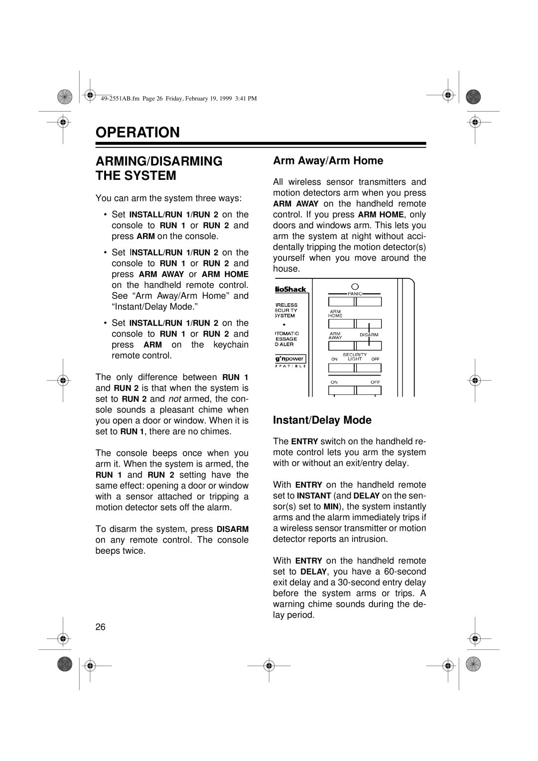 Radio Shack 49-2551A owner manual Operation, ARMING/DISARMING the System 