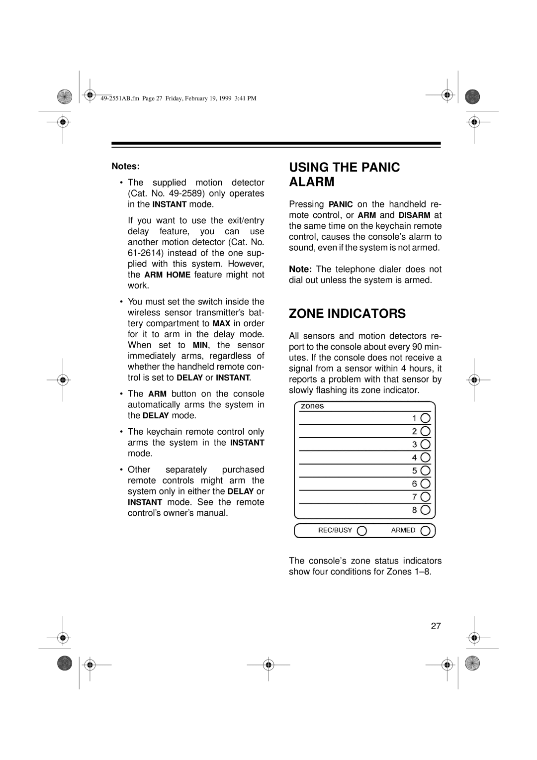 Radio Shack 49-2551A owner manual Using the Panic Alarm, Zone Indicators 