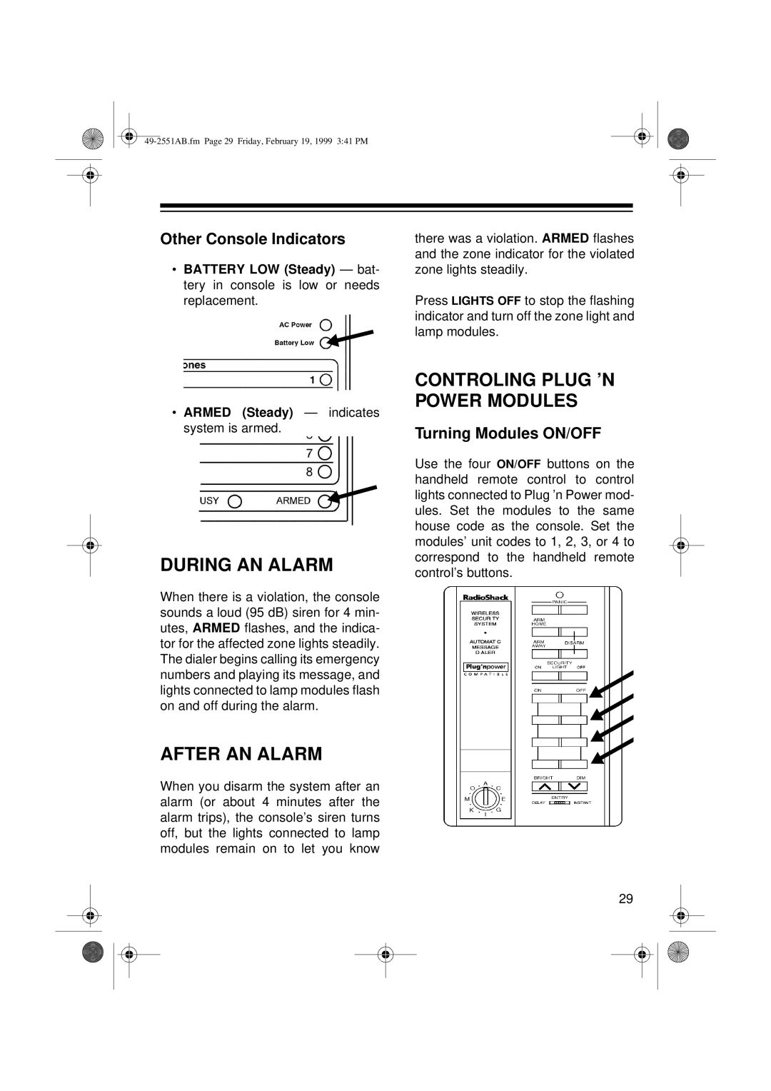 Radio Shack 49-2551A owner manual During AN Alarm, After AN Alarm, Controling Plug ’N Power Modules 