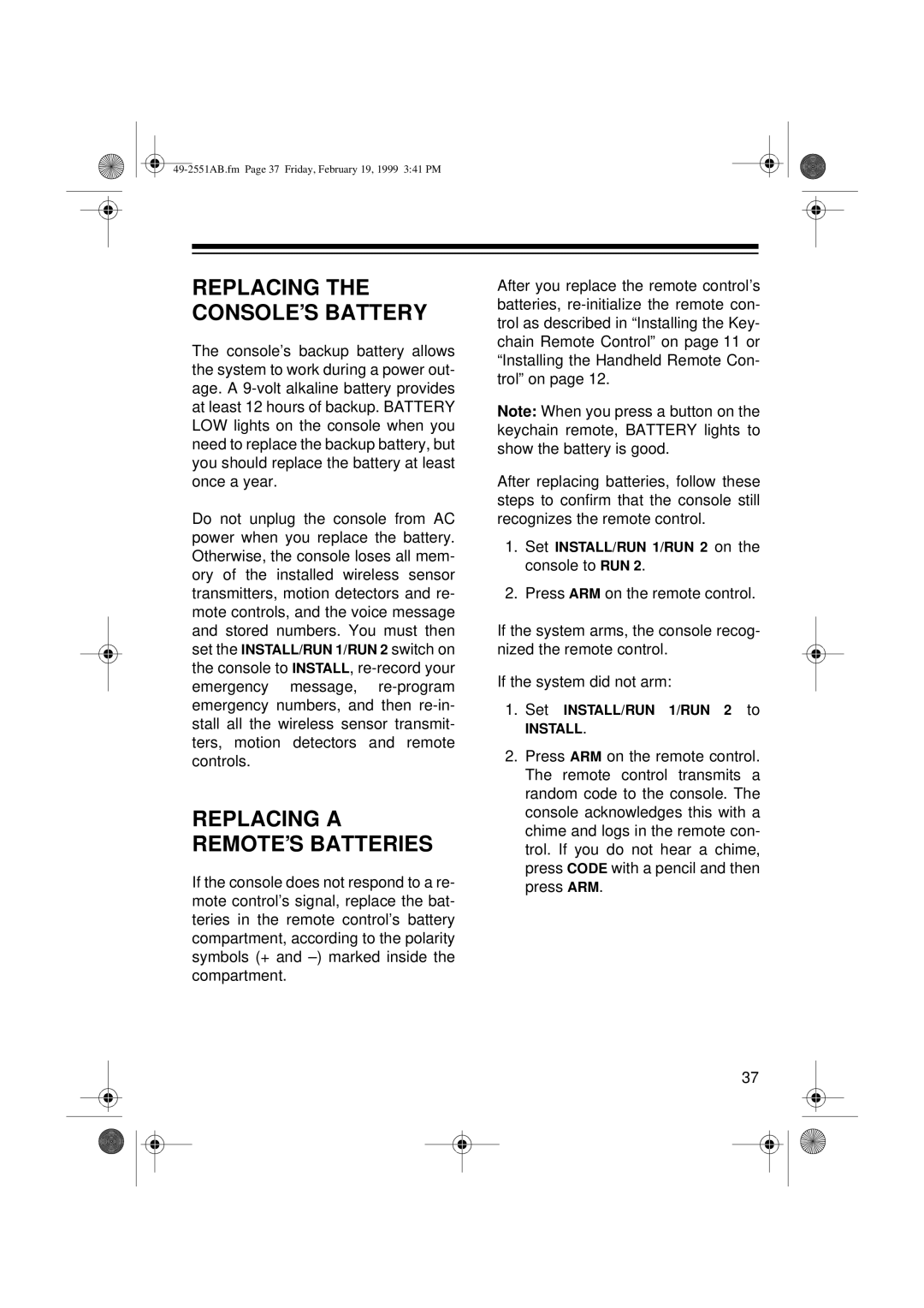 Radio Shack 49-2551A owner manual Replacing the CONSOLE’S Battery 