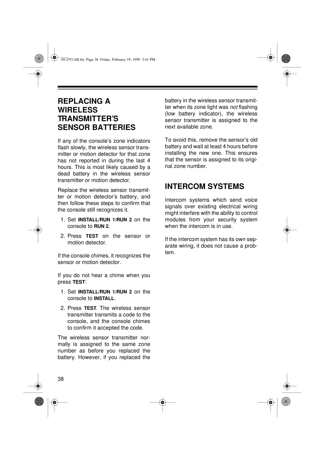 Radio Shack 49-2551A owner manual Replacing a Wireless TRANSMITTER’S Sensor Batteries, Intercom Systems 