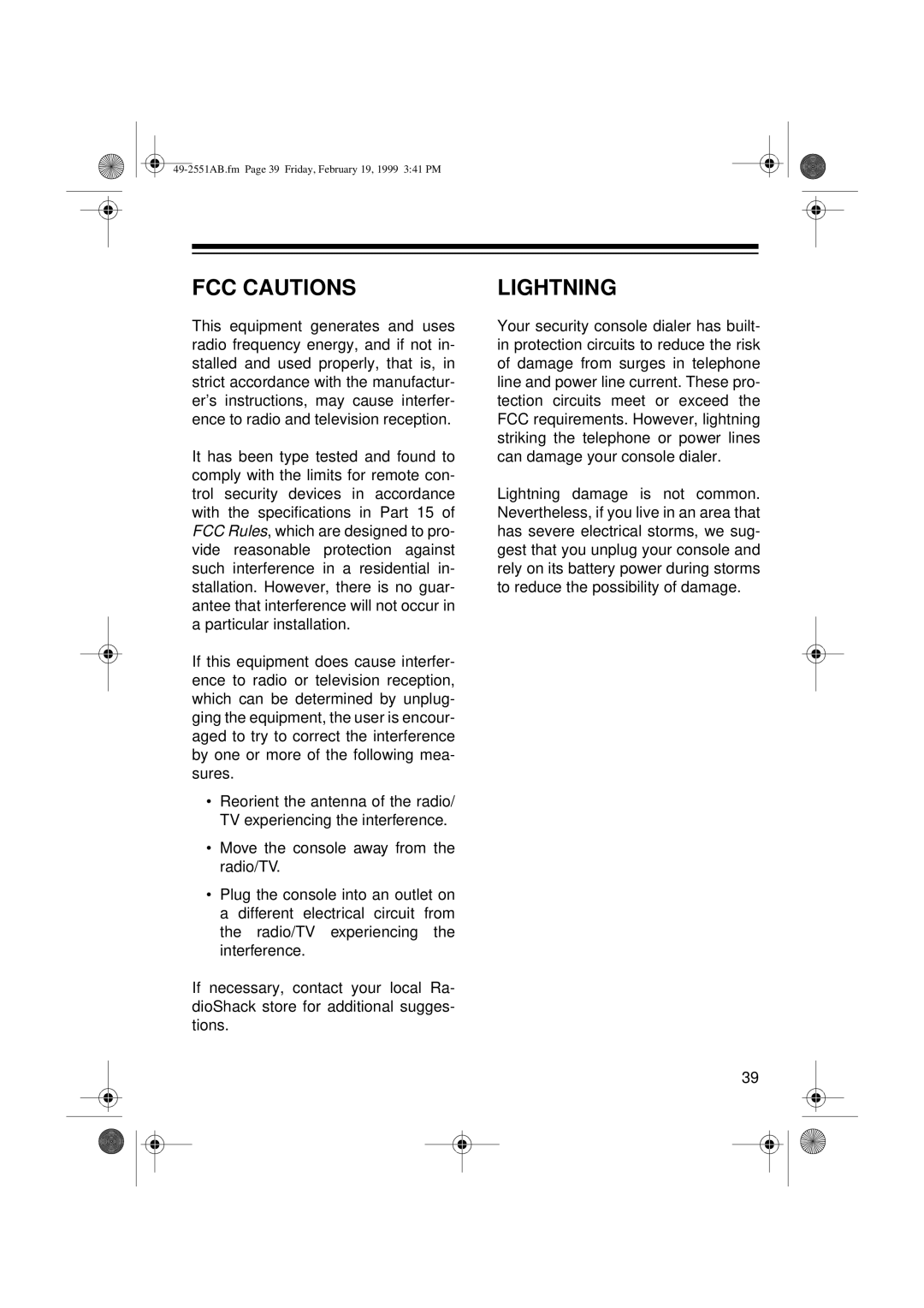 Radio Shack 49-2551A owner manual FCC Cautions, Lightning 