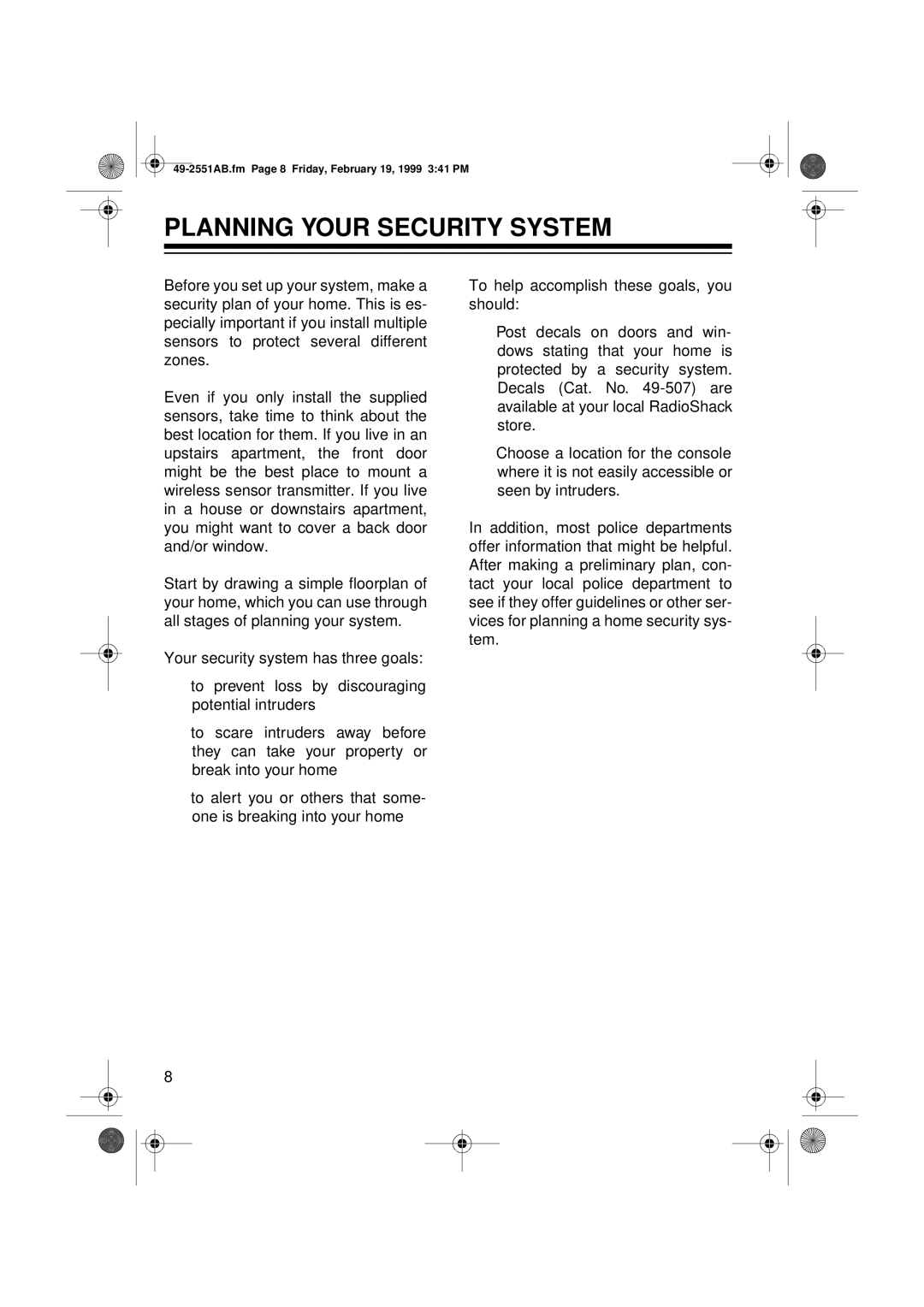 Radio Shack 49-2551A owner manual Planning Your Security System 