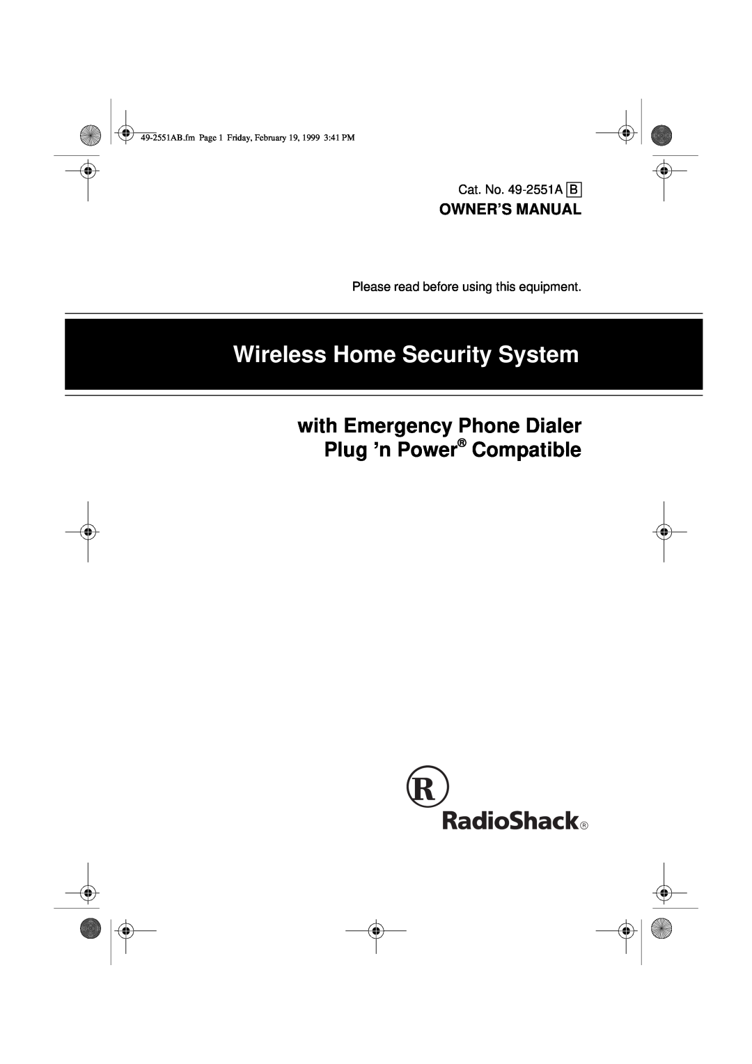 Radio Shack 49-2551A owner manual Wireless Home Security System 