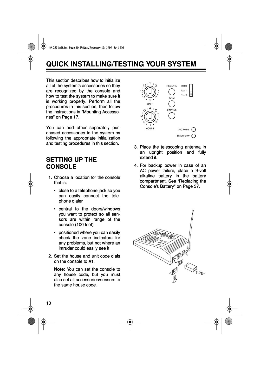 Radio Shack 49-2551A owner manual Quick Installing/Testing Your System, Setting Up The Console 