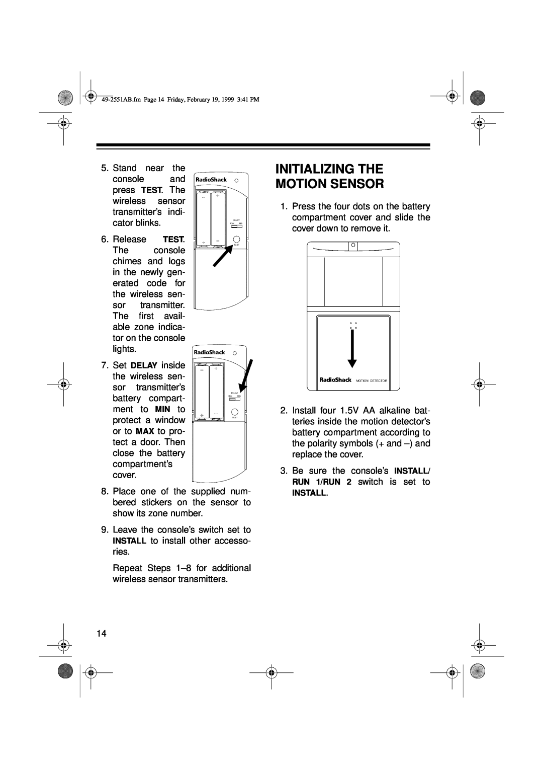 Radio Shack 49-2551A owner manual Initializing The Motion Sensor 