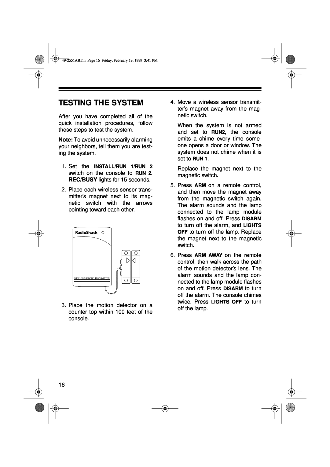 Radio Shack 49-2551A owner manual Testing The System 