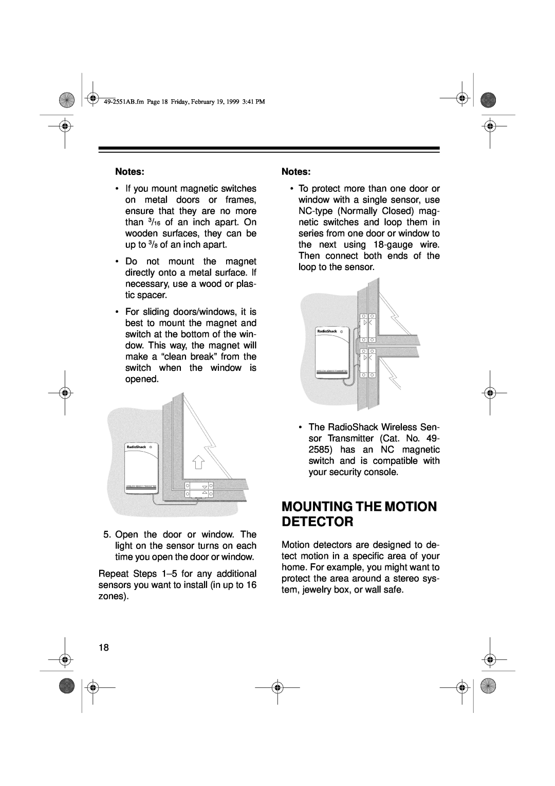 Radio Shack 49-2551A owner manual Mounting The Motion Detector 