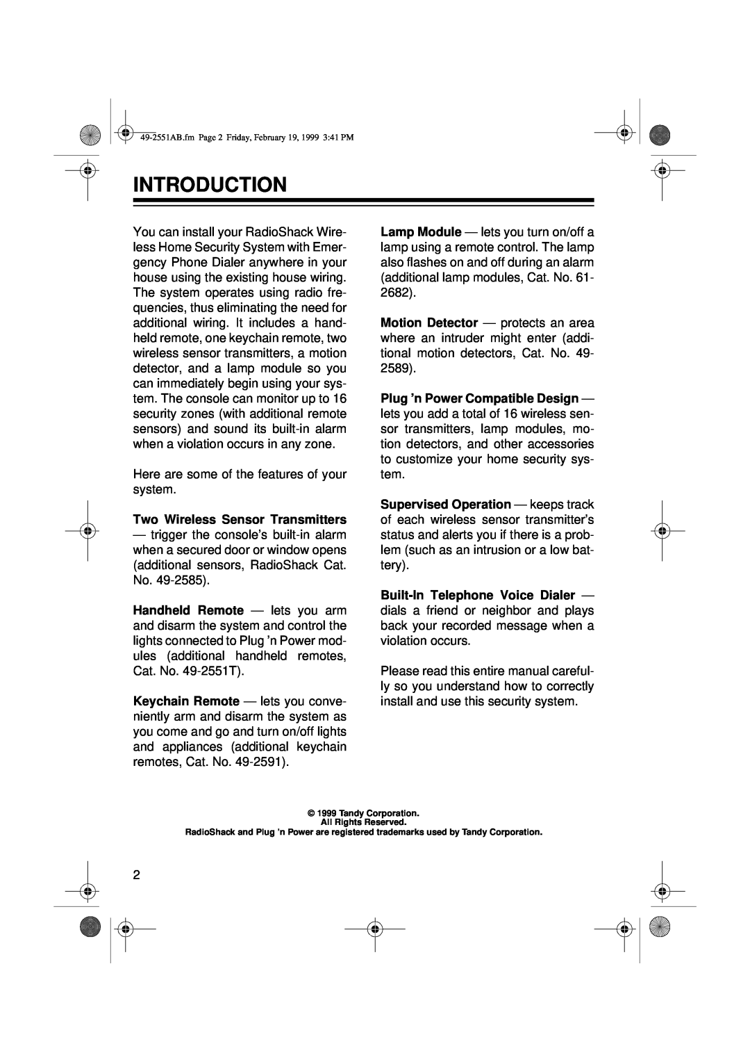 Radio Shack 49-2551A owner manual Introduction 