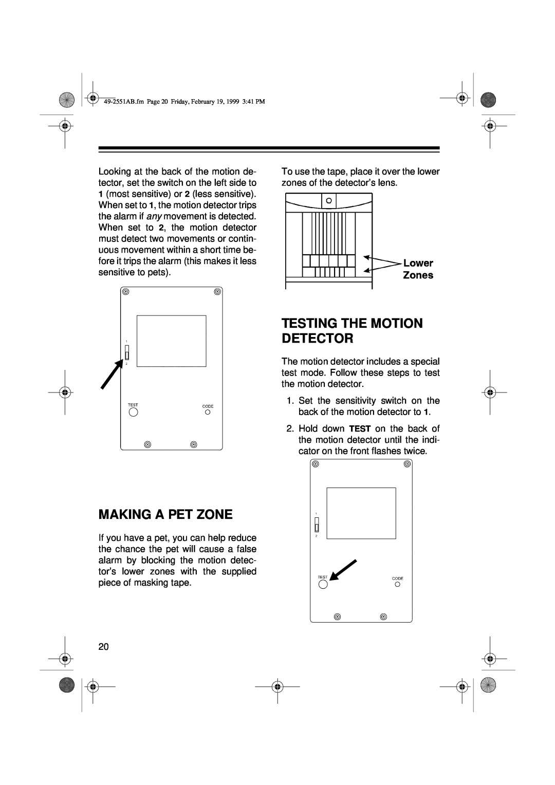 Radio Shack 49-2551A owner manual Testing The Motion Detector, Making A Pet Zone 