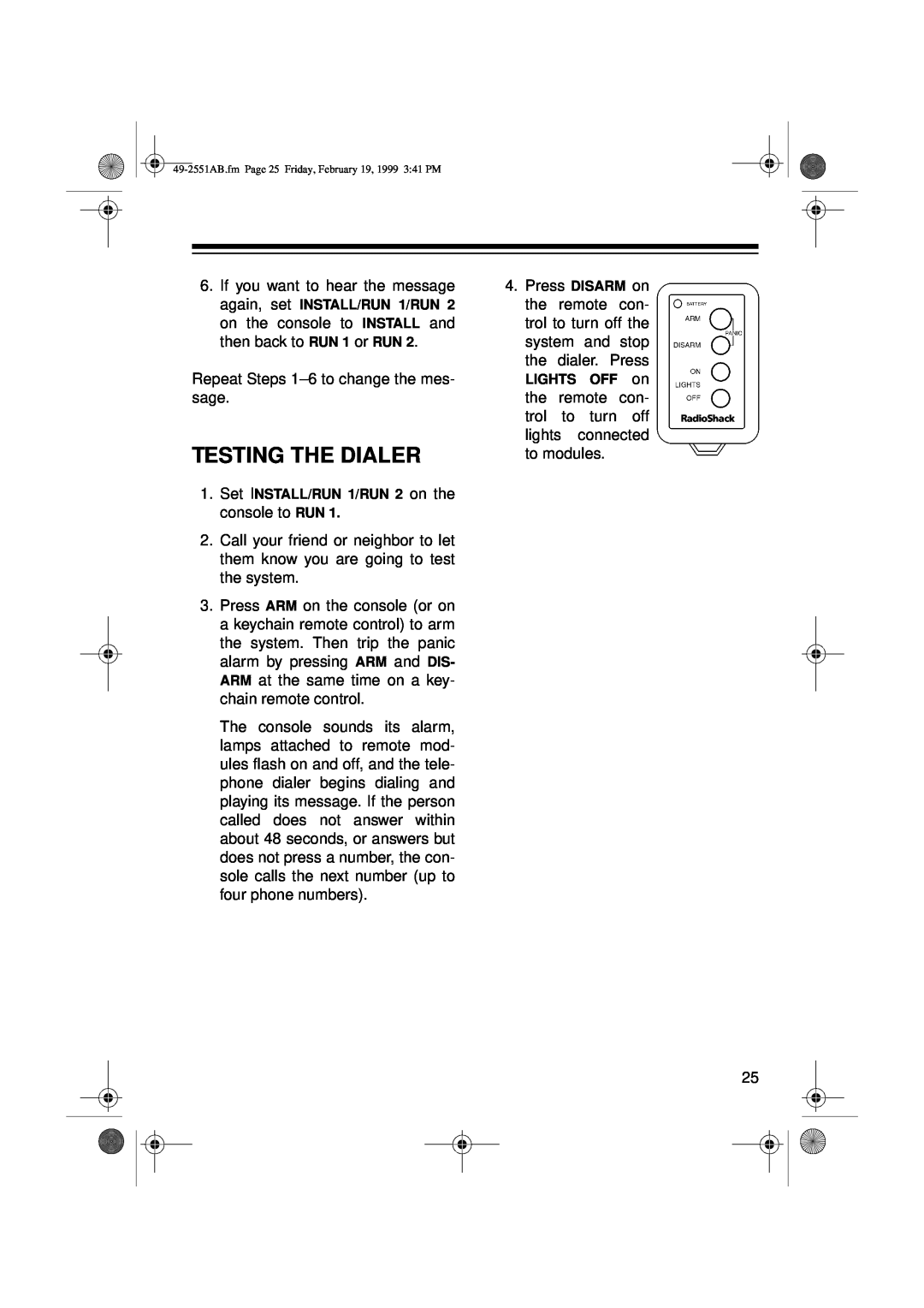 Radio Shack 49-2551A owner manual Testing The Dialer 