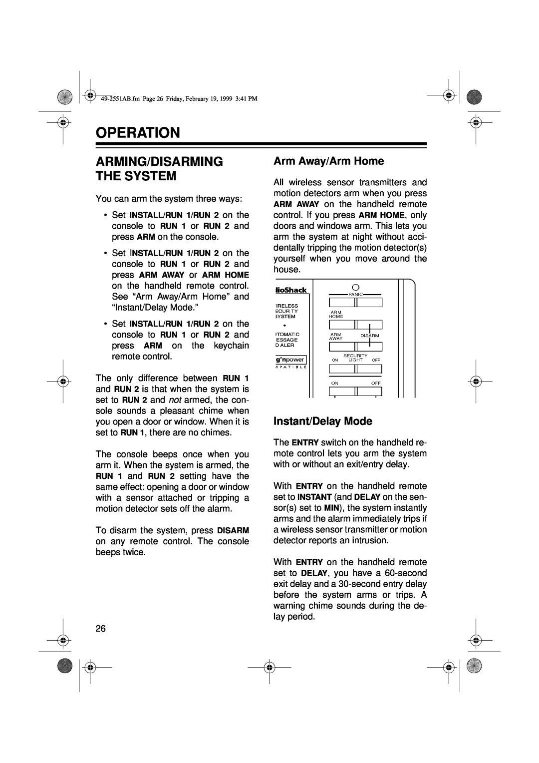 Radio Shack 49-2551A owner manual Operation, Arming/Disarming The System, Arm Away/Arm Home, Instant/Delay Mode 