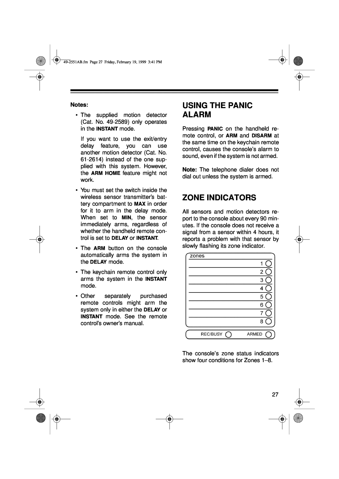 Radio Shack 49-2551A owner manual Using The Panic Alarm, Zone Indicators 