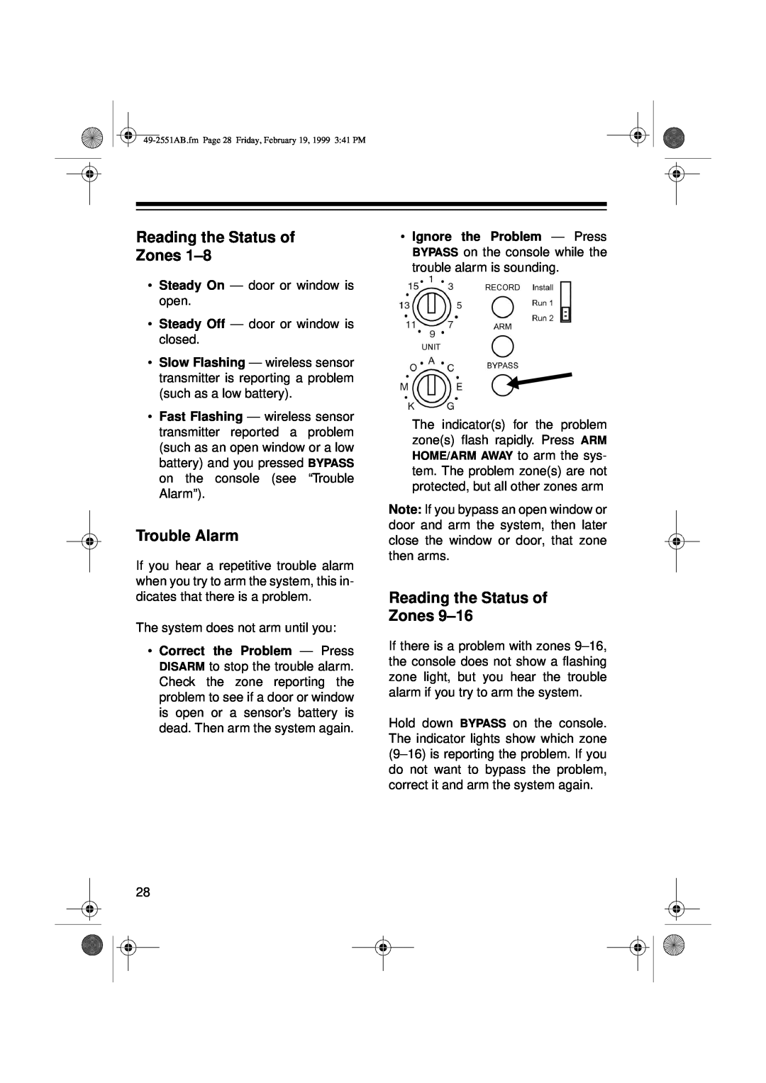 Radio Shack 49-2551A owner manual Reading the Status of Zones, Trouble Alarm 