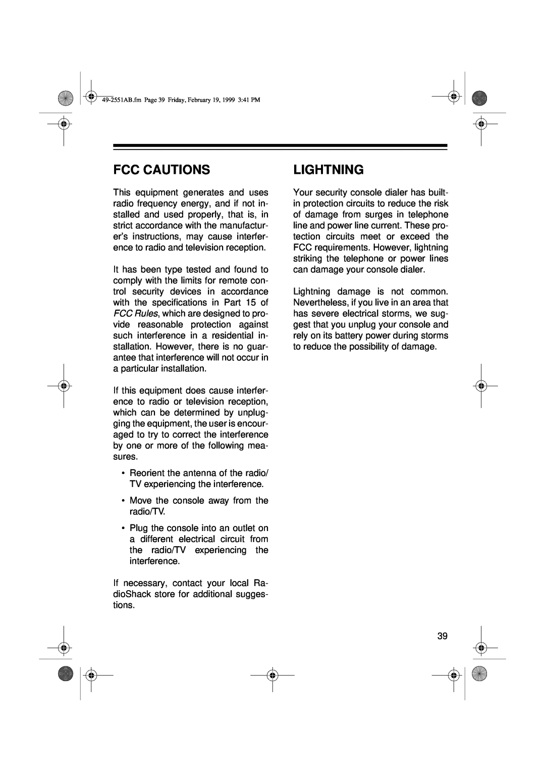 Radio Shack 49-2551A owner manual Fcc Cautions, Lightning 