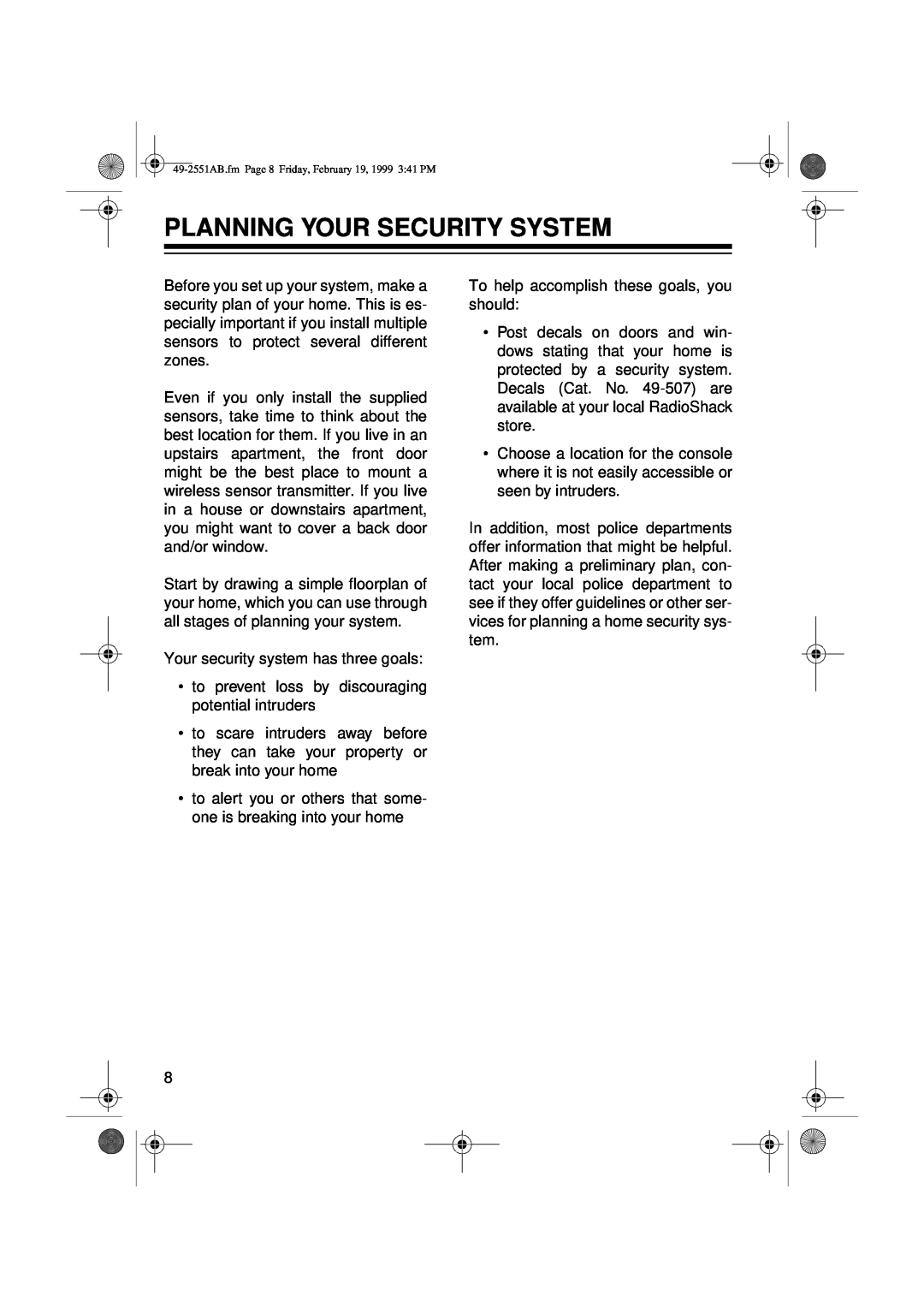 Radio Shack 49-2551A owner manual Planning Your Security System 