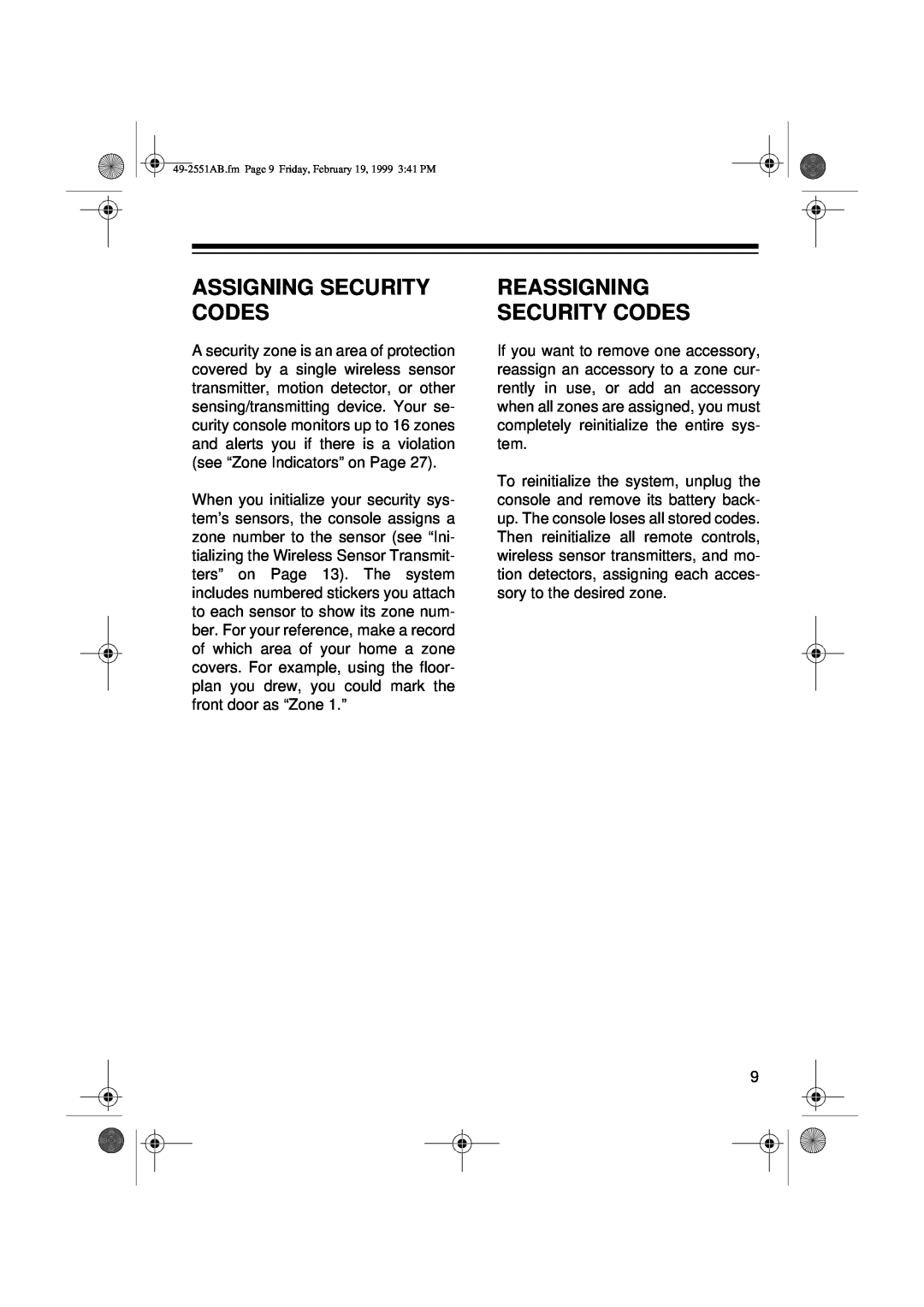Radio Shack 49-2551A owner manual Assigning Security Codes, Reassigning Security Codes 