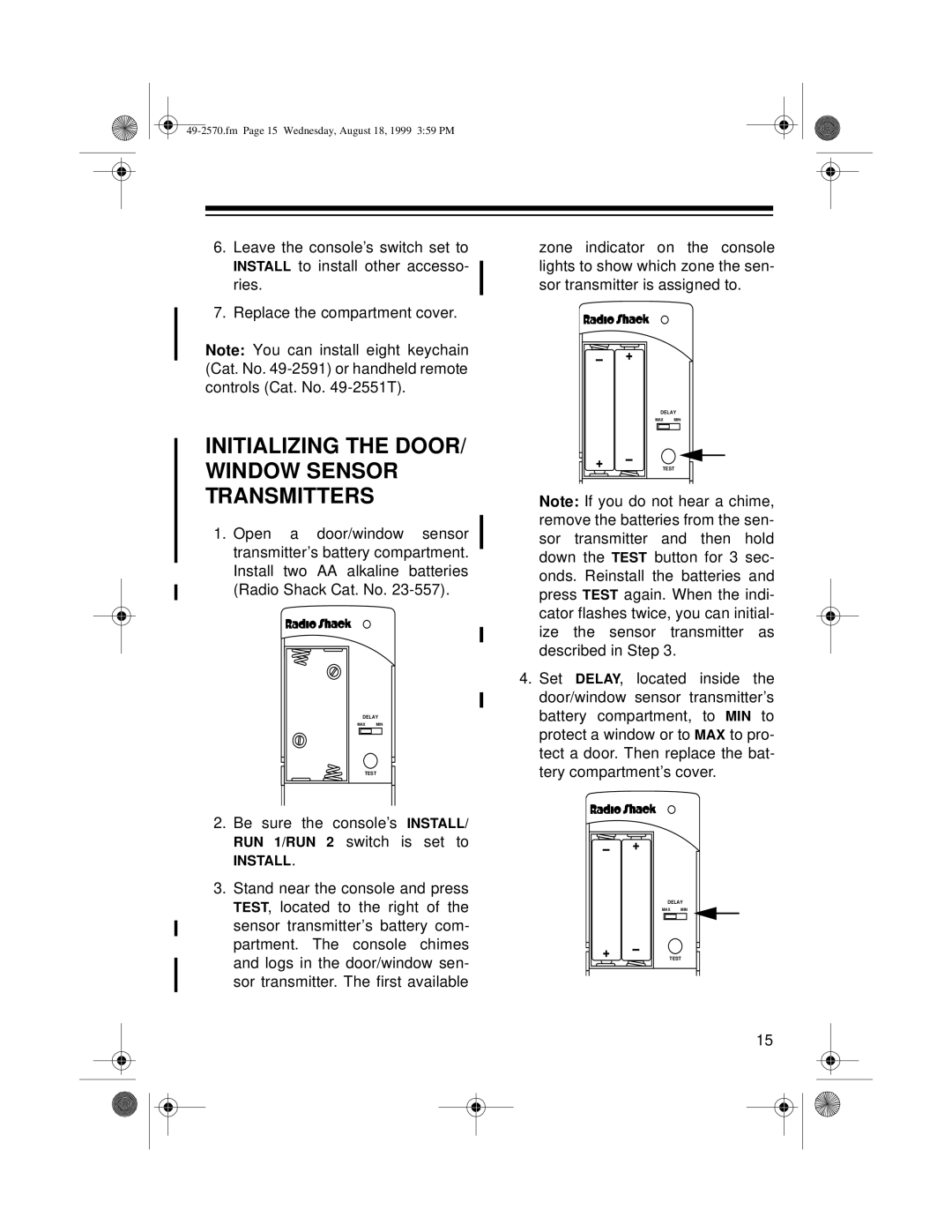 Radio Shack 5000, 49-2570 owner manual Initializing the DOOR/ Window Sensor Transmitters 