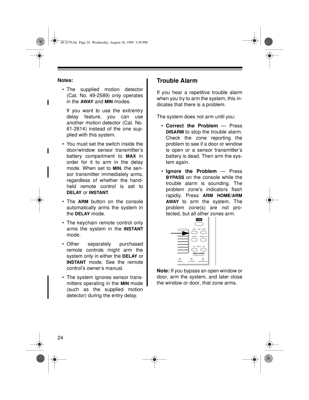 Radio Shack 49-2570, 5000 owner manual Trouble Alarm, Tected, but all other zones arm 