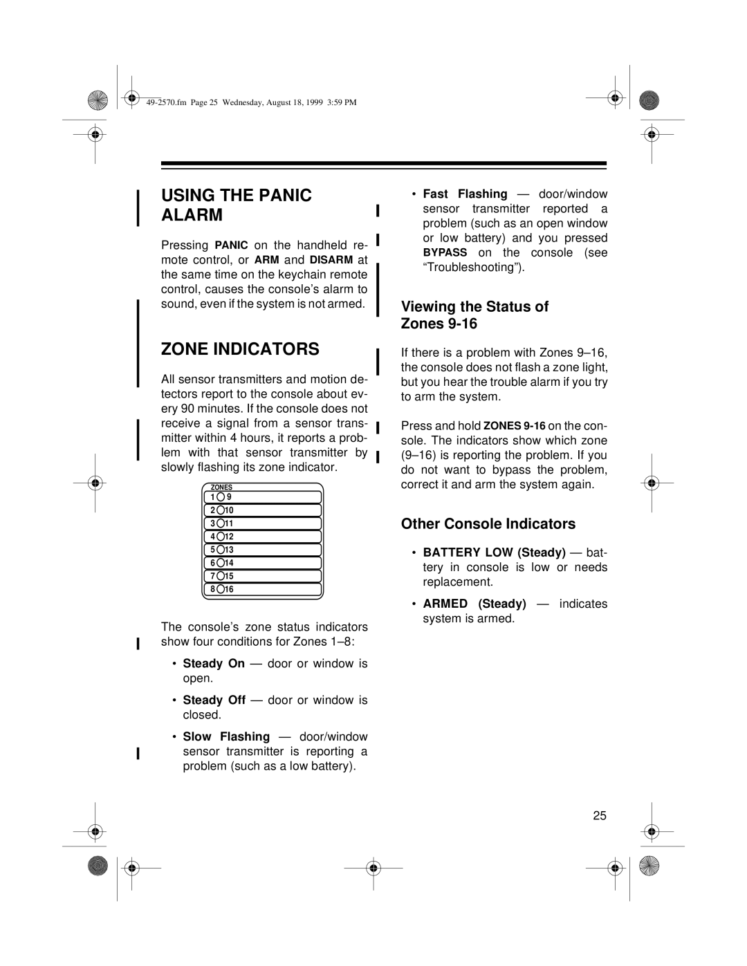 Radio Shack 5000, 49-2570 Using the Panic Alarm, Zone Indicators, Viewing the Status Zones, Other Console Indicators 