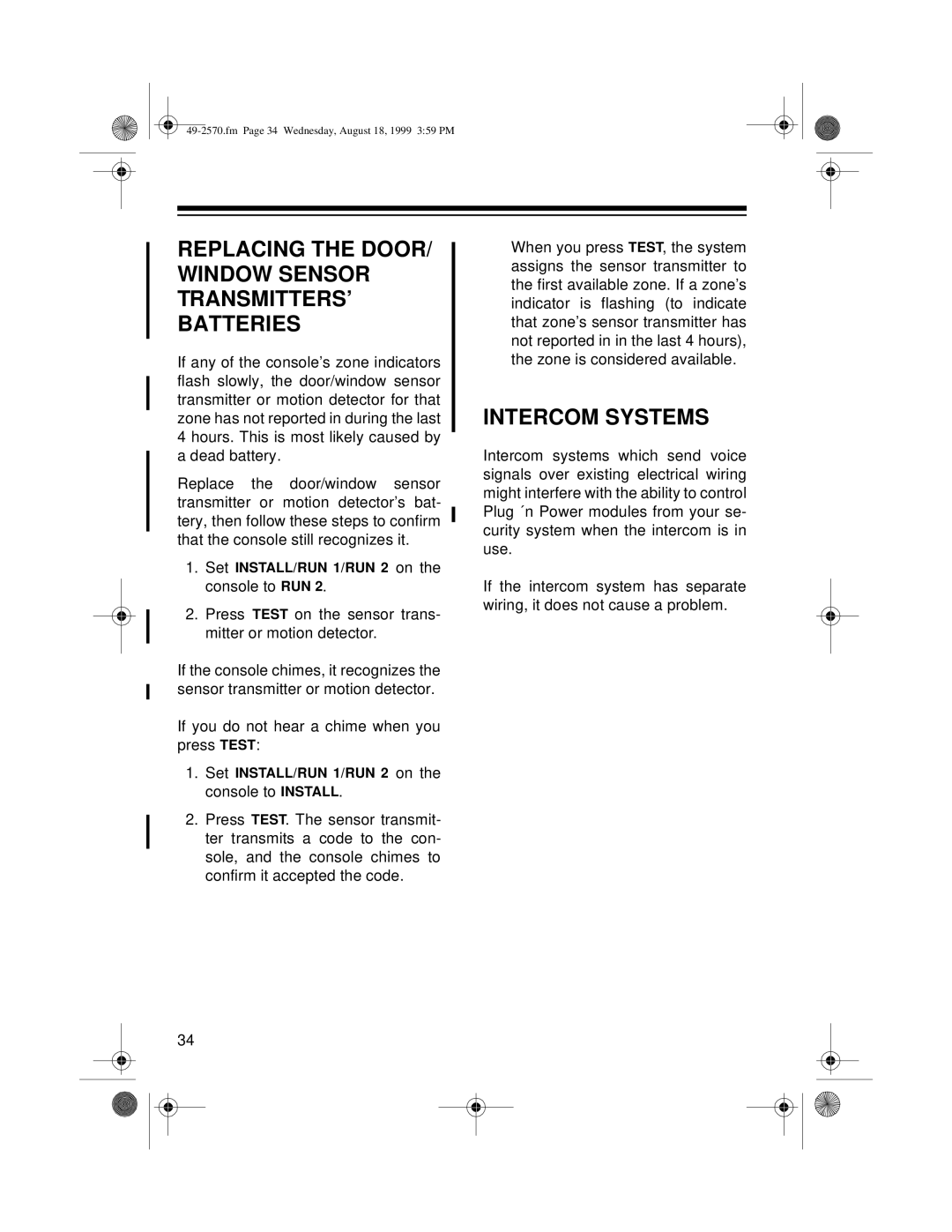 Radio Shack 49-2570, 5000 owner manual Replacing the DOOR/ Window Sensor TRANSMITTERS’ Batteries, Intercom Systems 