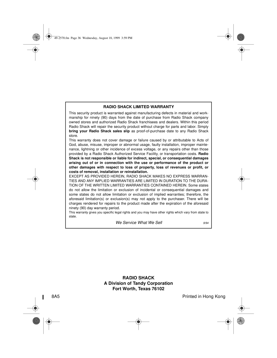 Radio Shack 49-2570, 5000 owner manual Radio Shack 