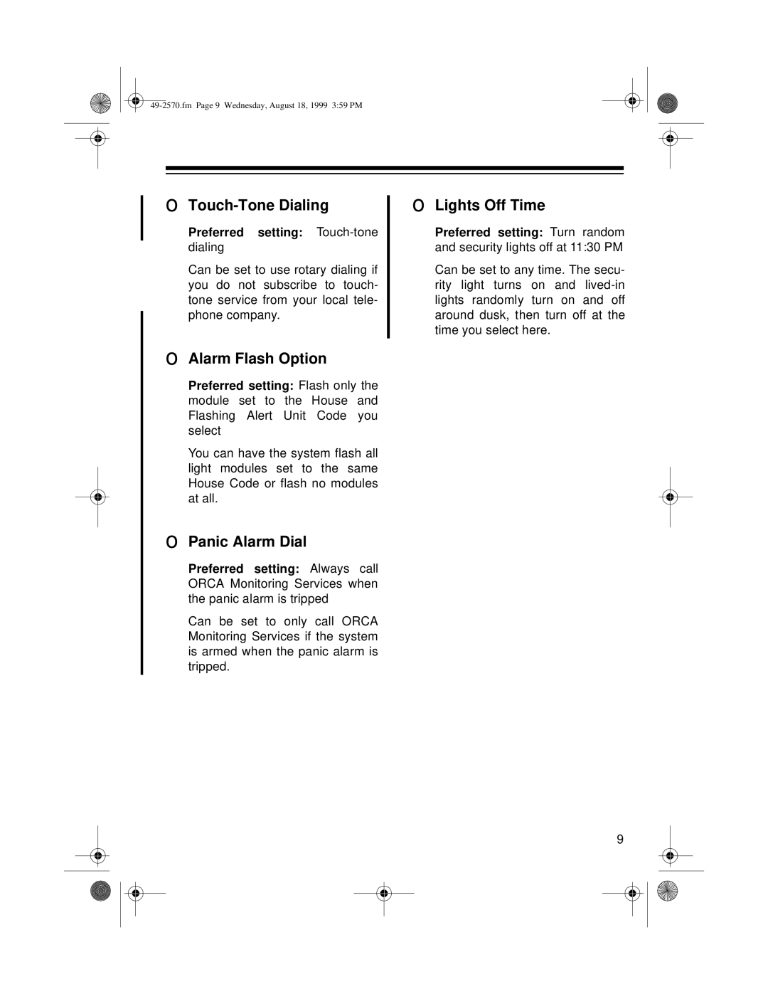 Radio Shack 5000, 49-2570 owner manual Touch-Tone Dialing, Alarm Flash Option, Lights Off Time, Panic Alarm Dial 