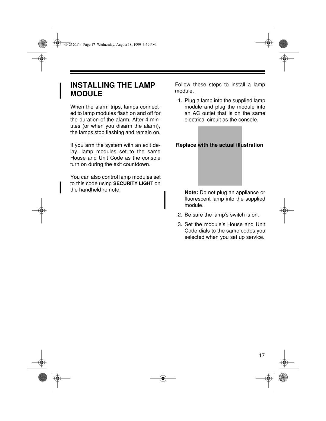 Radio Shack 49-2570 owner manual Installing the Lamp Module, Replace with the actual illustration 