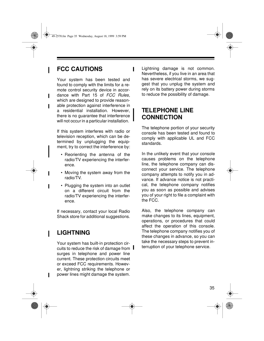 Radio Shack 49-2570 owner manual FCC Cautions, Lightning, Telephone Line Connection 