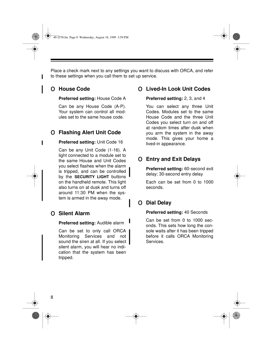 Radio Shack 49-2570 House Code, Flashing Alert Unit Code, Silent Alarm, Lived-In Look Unit Codes, Entry and Exit Delays 