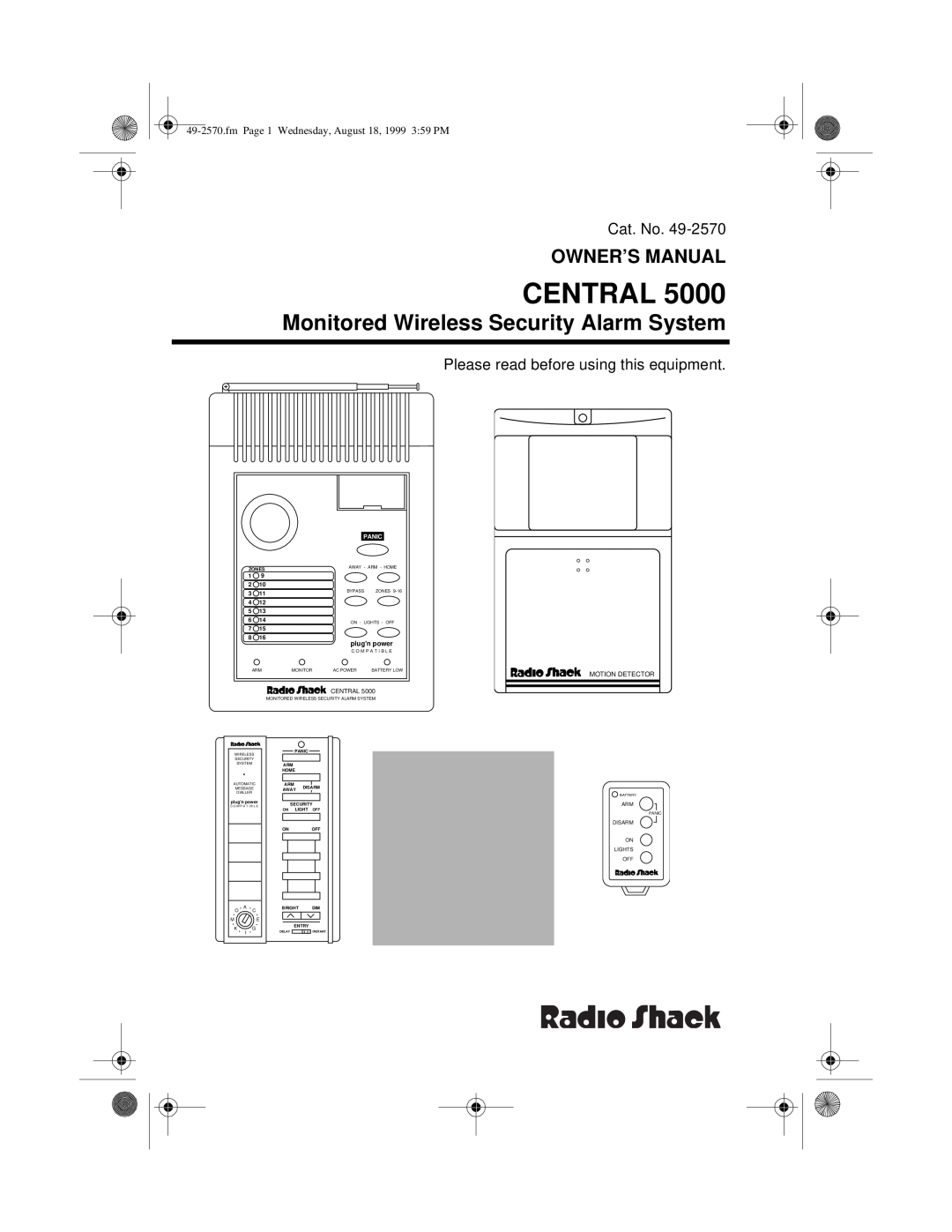 Radio Shack 49-2570 owner manual Monitored Wireless Security Alarm System, Central, plugn power, Motion Detector, Panic 