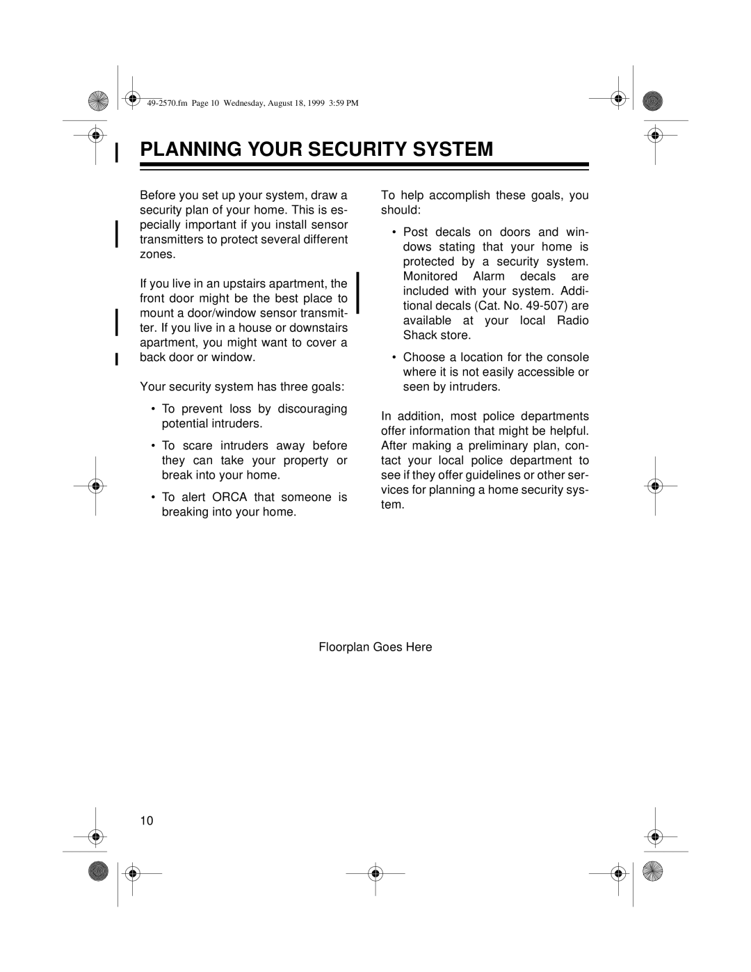 Radio Shack 49-2570 owner manual Planning Your Security System 