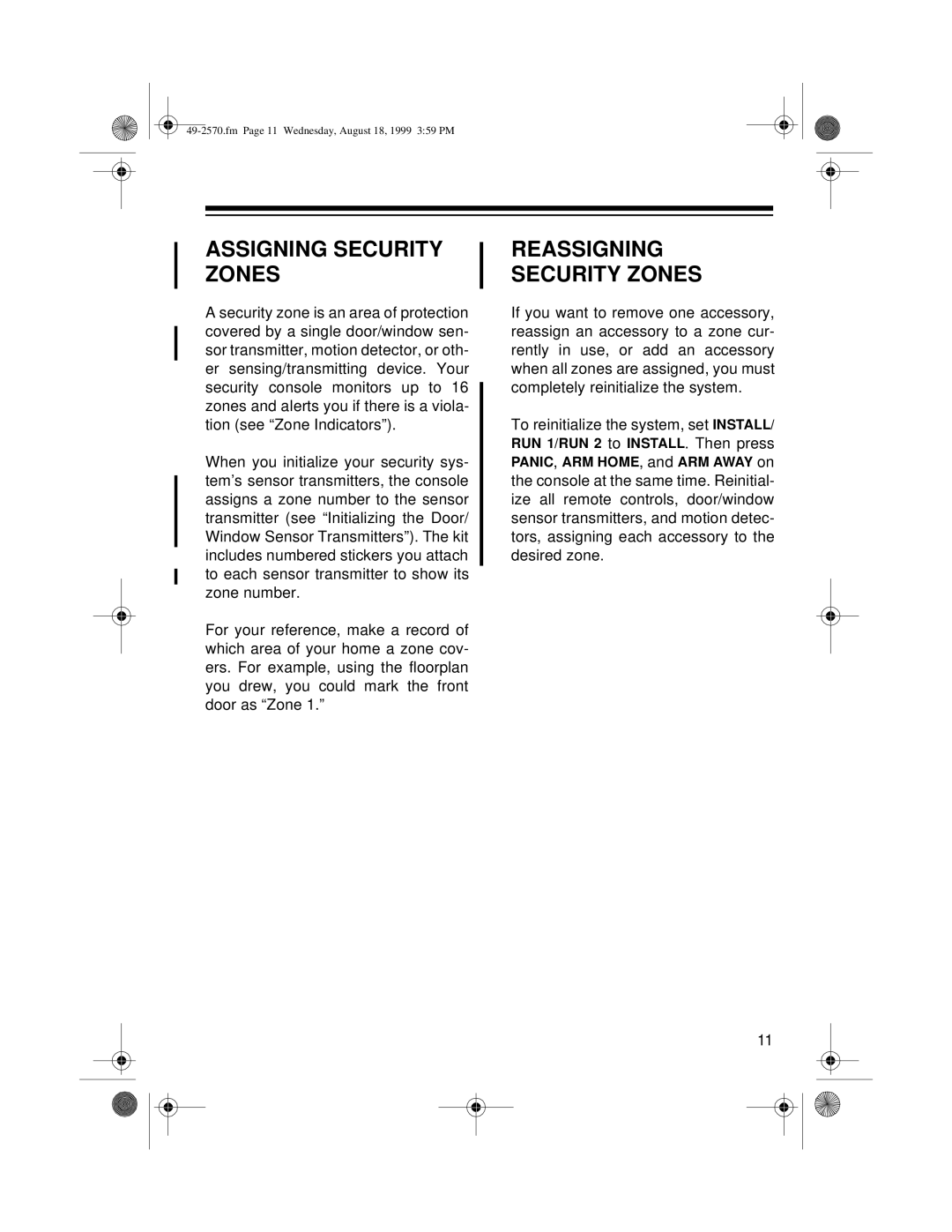 Radio Shack 49-2570 owner manual Assigning Security Zones, Reassigning Security Zones 